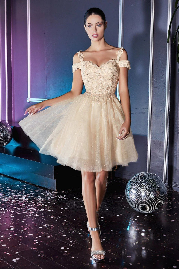 Lumidress Cold Shoulder Glitter Tulle Short Dress with Lace Applique
