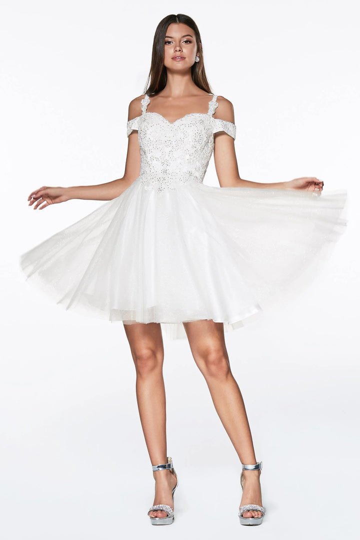 Lumidress Cold Shoulder Glitter Tulle Short Dress with Lace Applique