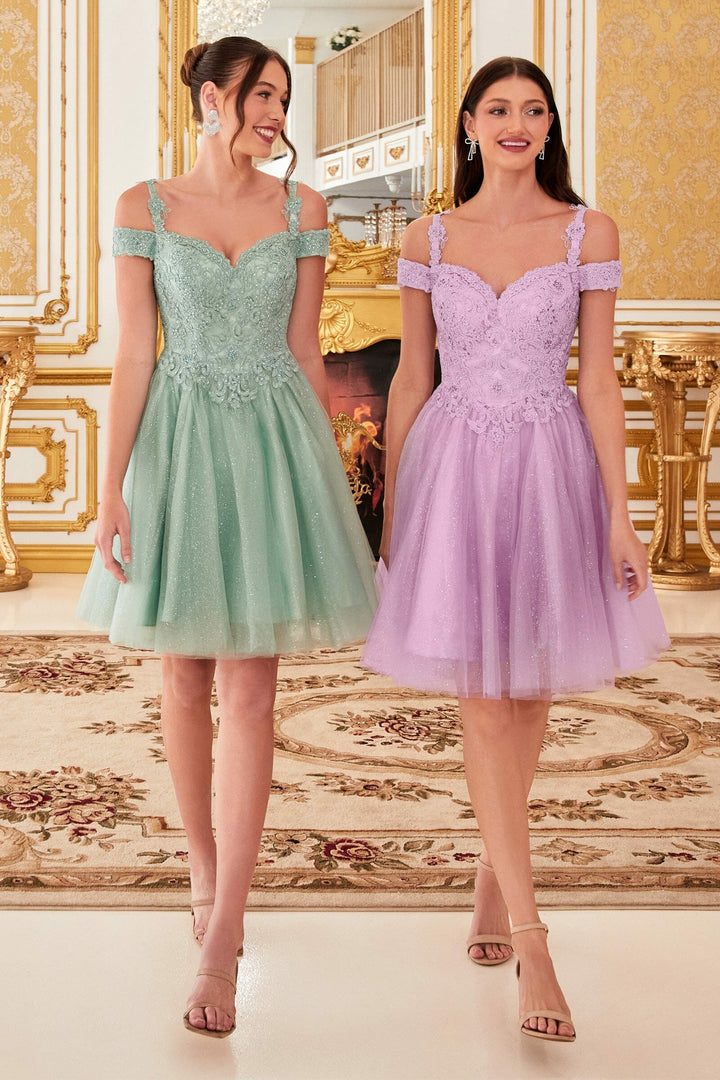 Lumidress Cold Shoulder Glitter Tulle Short Dress with Lace Applique