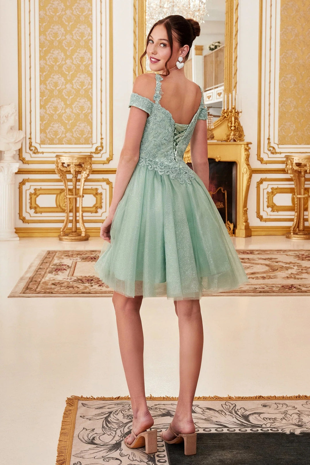 Lumidress Cold Shoulder Glitter Tulle Short Dress with Lace Applique