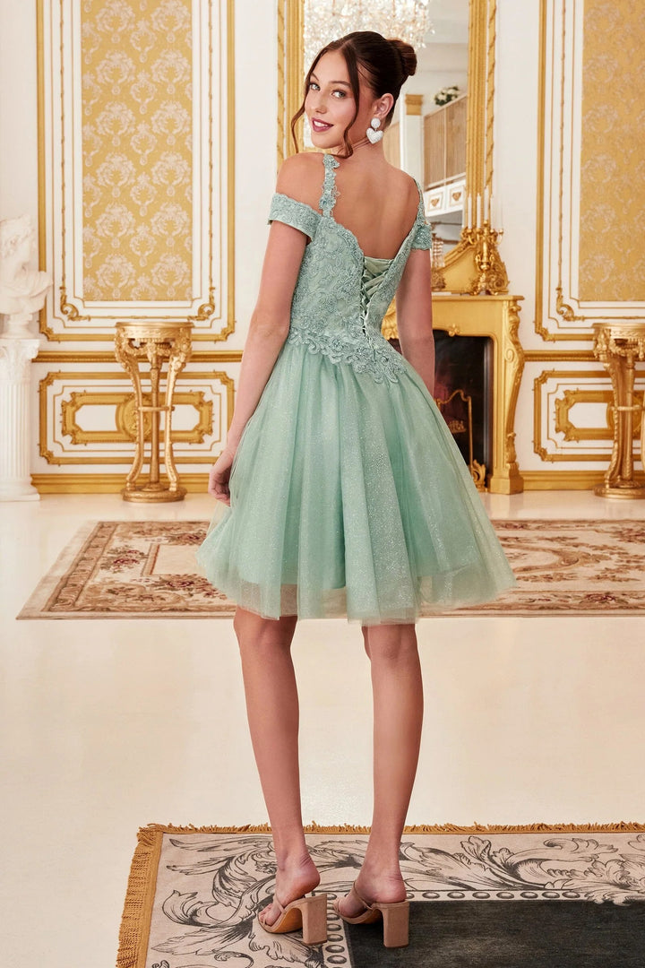 Lumidress Cold Shoulder Glitter Tulle Short Dress with Lace Applique