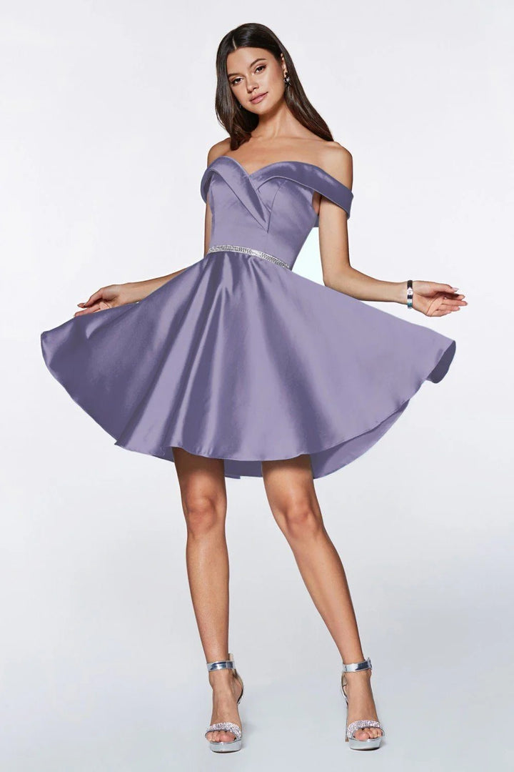 Lumidress Short Off Shoulder A-Line Satin Dress with Beaded Belt