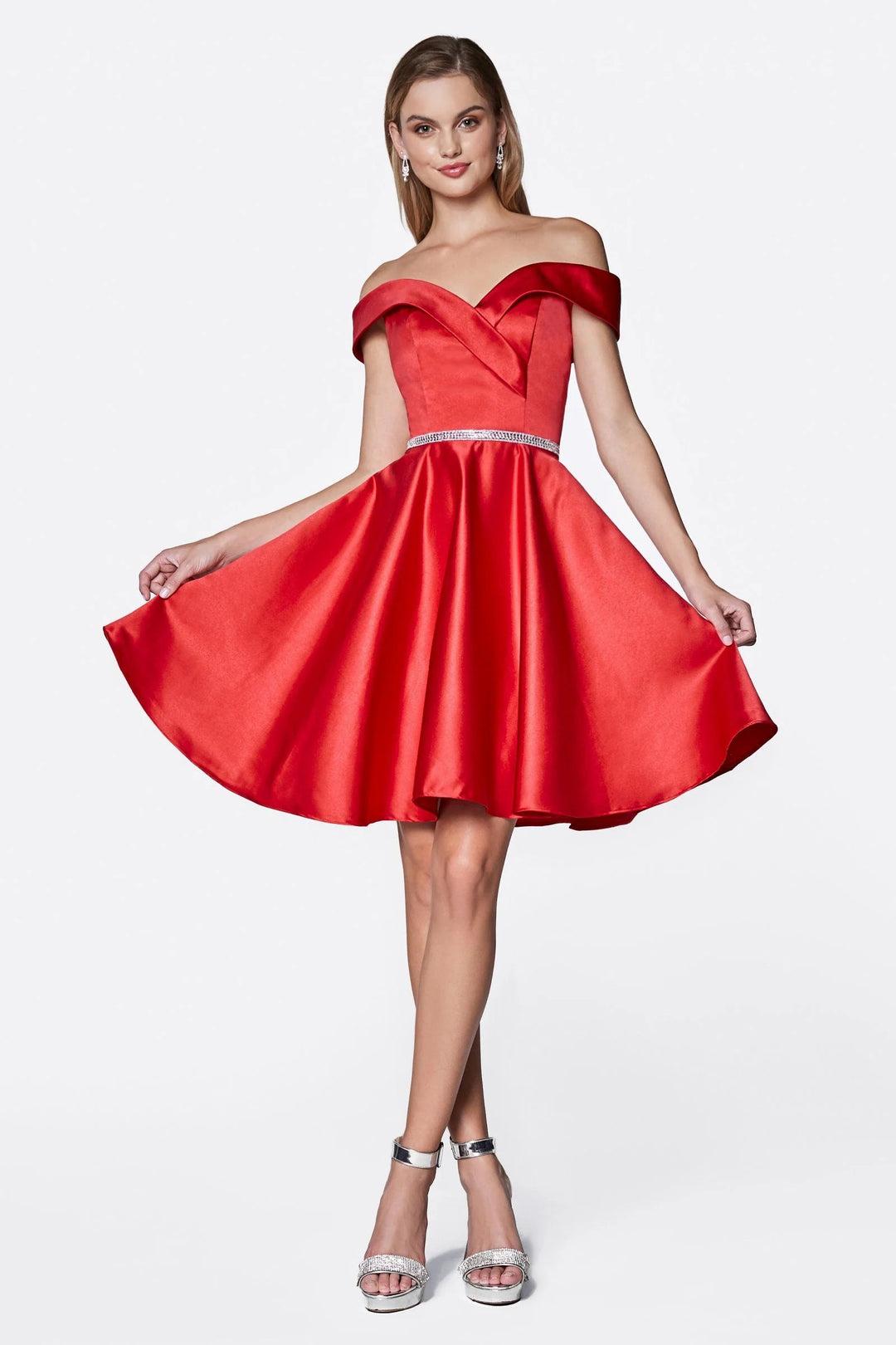 Lumidress Short Off Shoulder A-Line Satin Dress with Beaded Belt