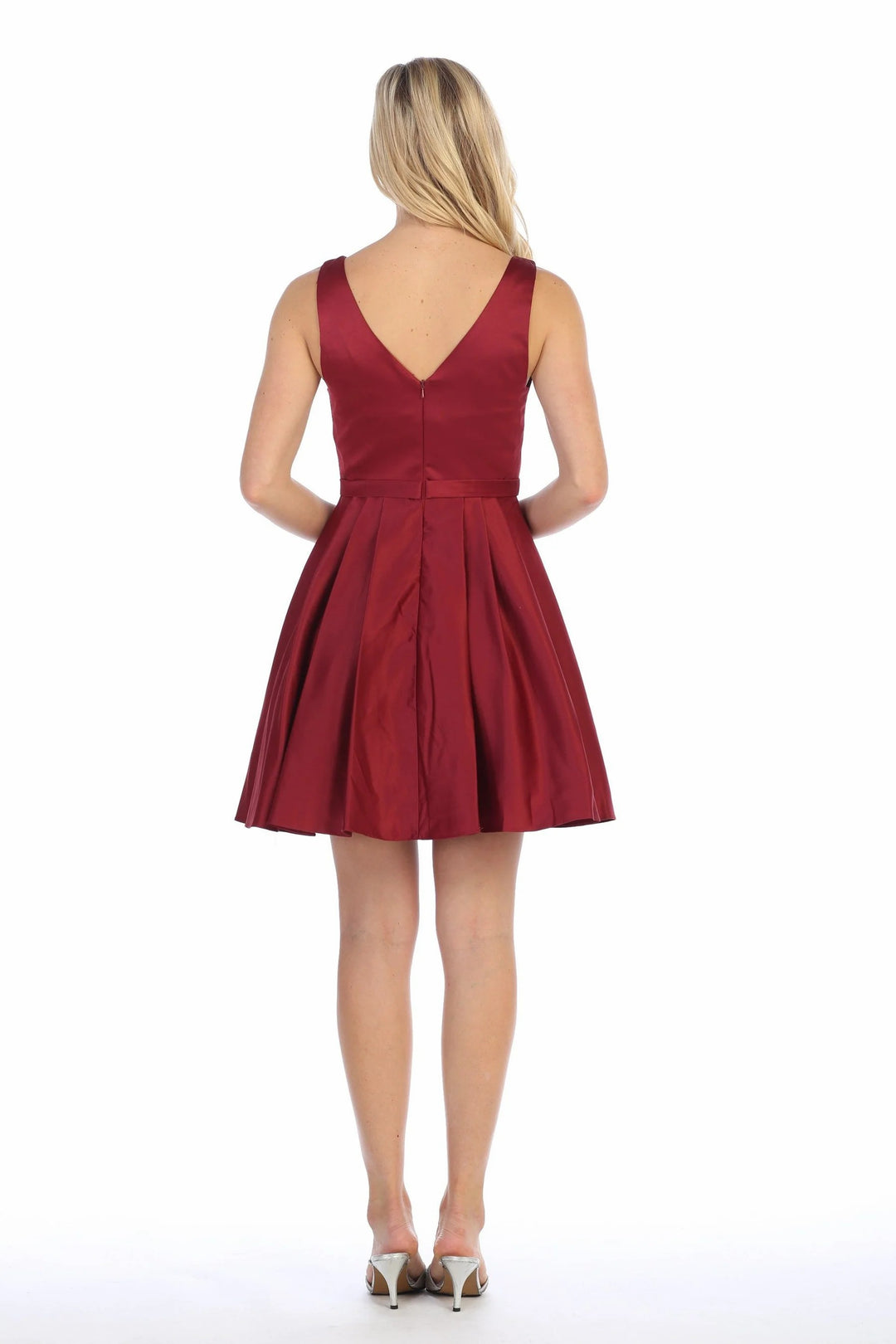 Lumidress Burgundy Elegant V-Neck Pleated Cocktail Dress