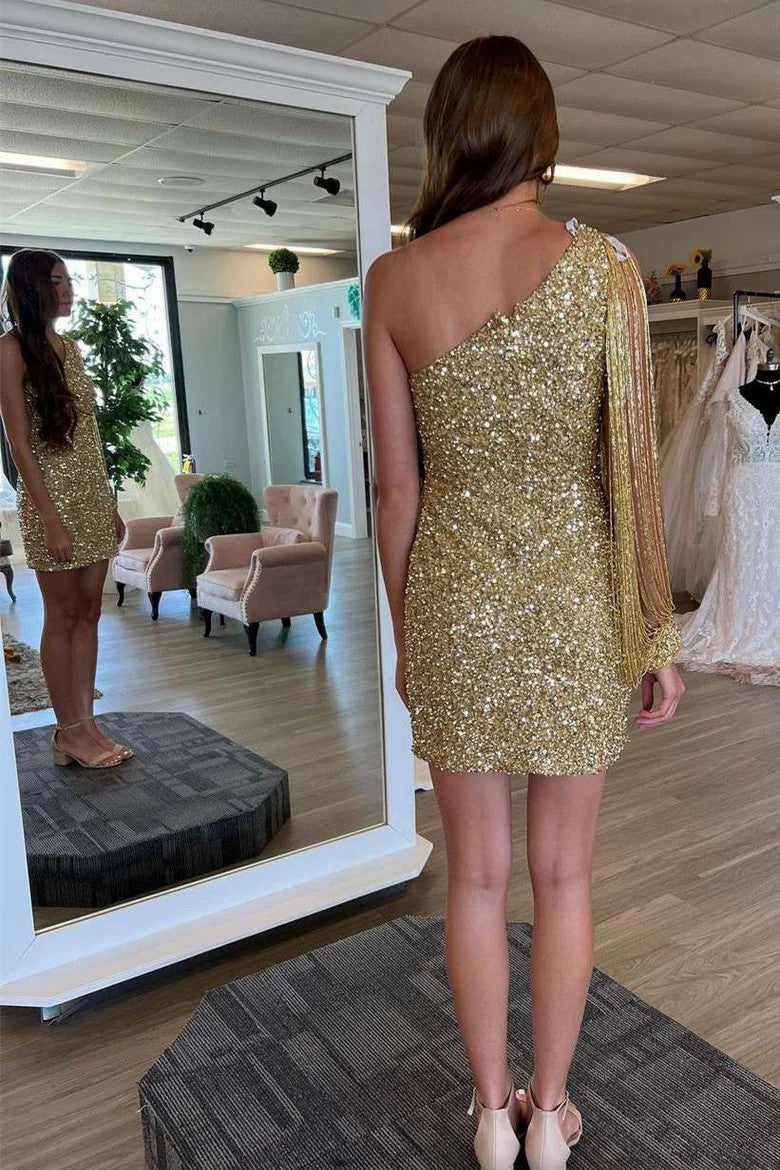Lumidress Gold One-Shoulder Sequin Fringe Short Party Dress