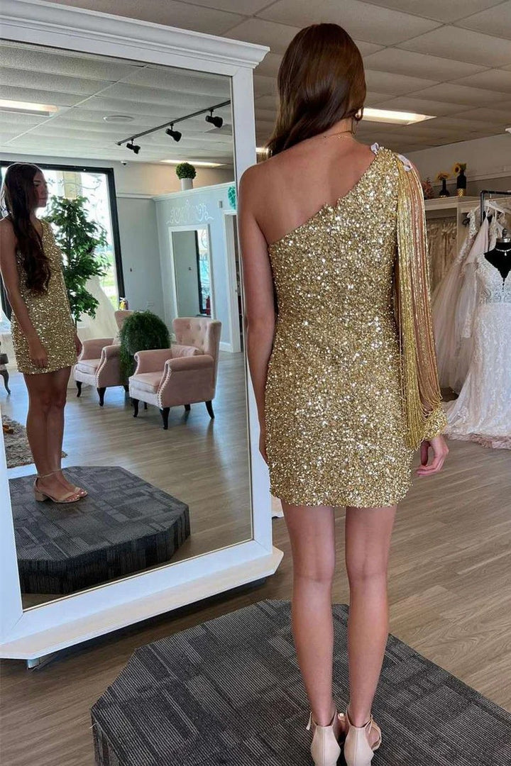 Lumidress Gold One-Shoulder Sequin Fringe Short Party Dress