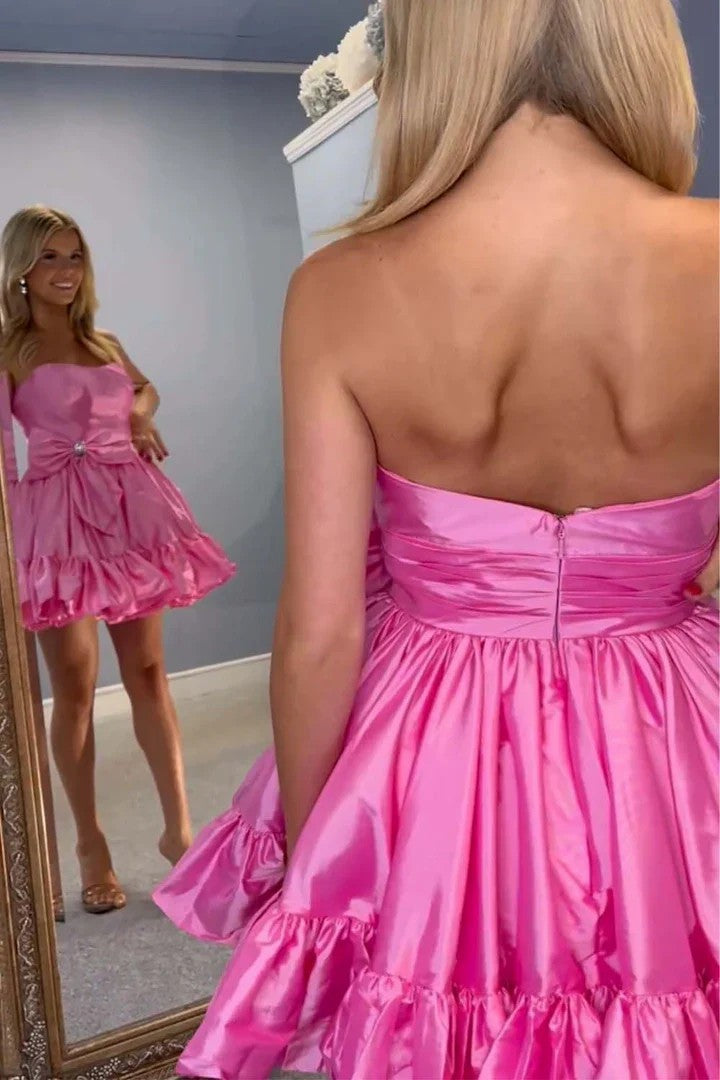 Lumidress Strapless Satin Short Homecoming Dress with Bow and Ruffles