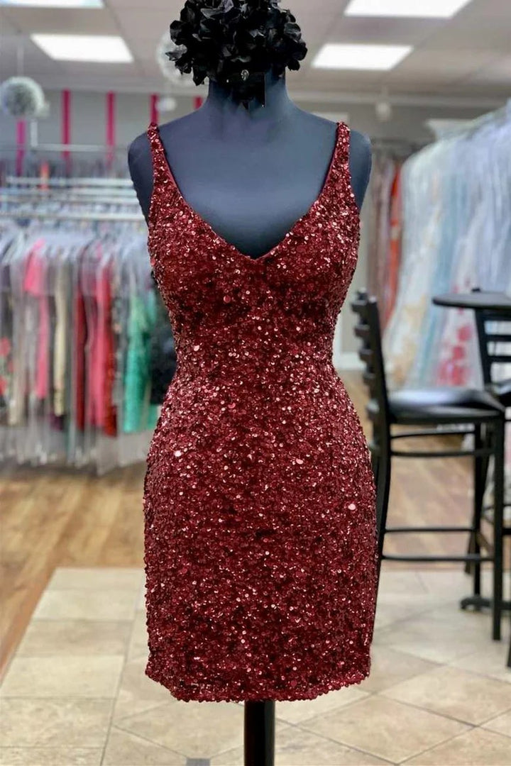 Lumidress Red Sequin V-Neck Bodycon Mini Homecoming Dress