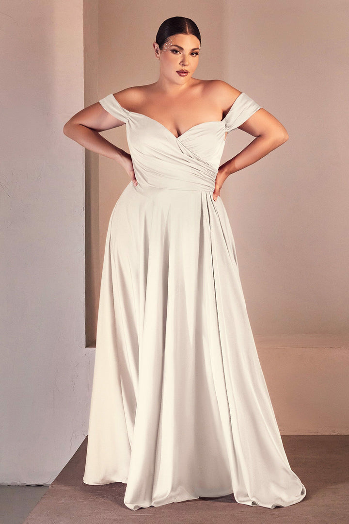 Lumidress White Off Shoulder Sweetheart Long Slit A-Line Satin Dress