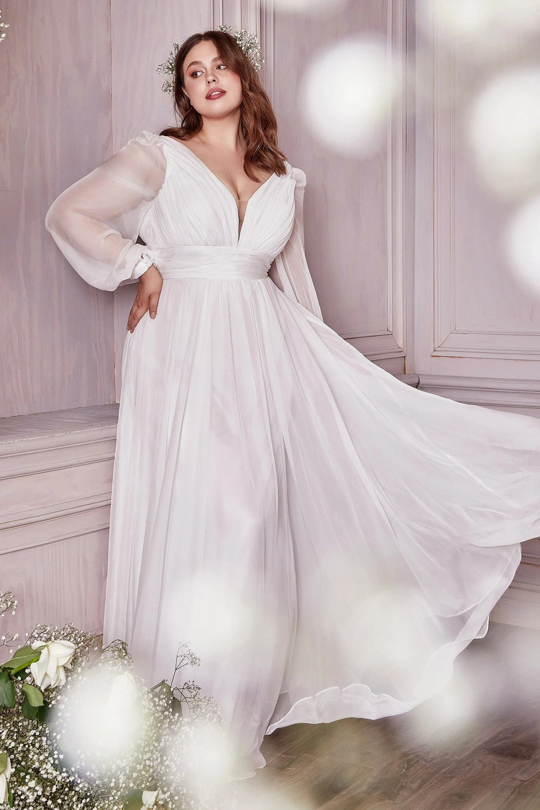Lumidress White Long Sleeve V-Neck Chiffon A-Line Gown