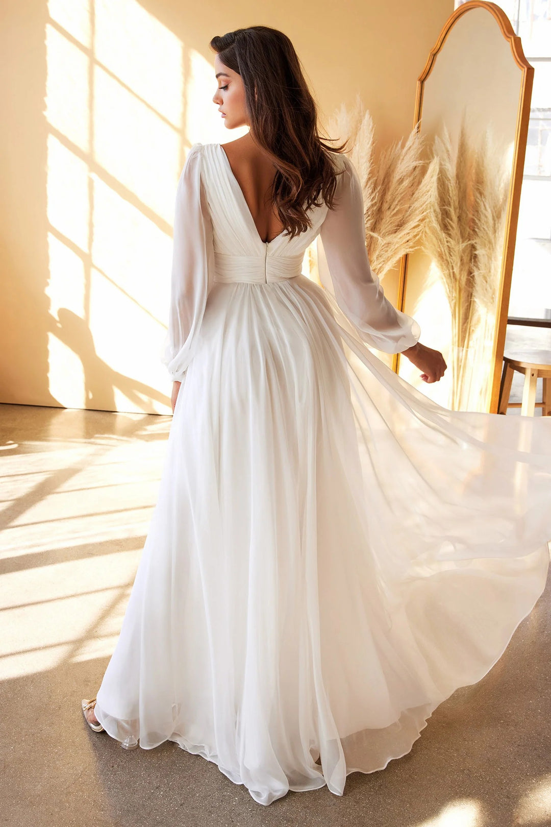 Lumidress White Long Sleeve V-Neck Chiffon A-Line Gown