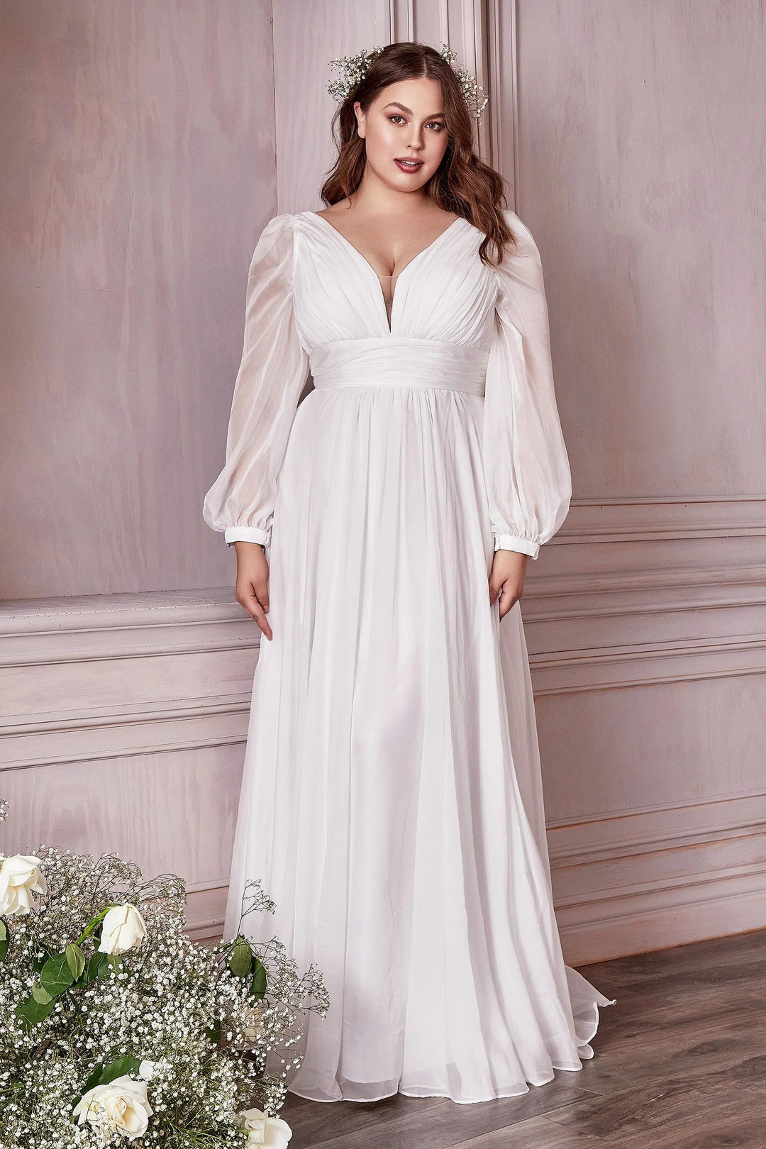 Lumidress White Long Sleeve V-Neck Chiffon A-Line Gown