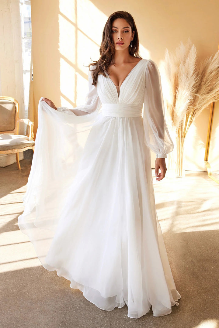 Lumidress White Long Sleeve V-Neck Chiffon A-Line Gown