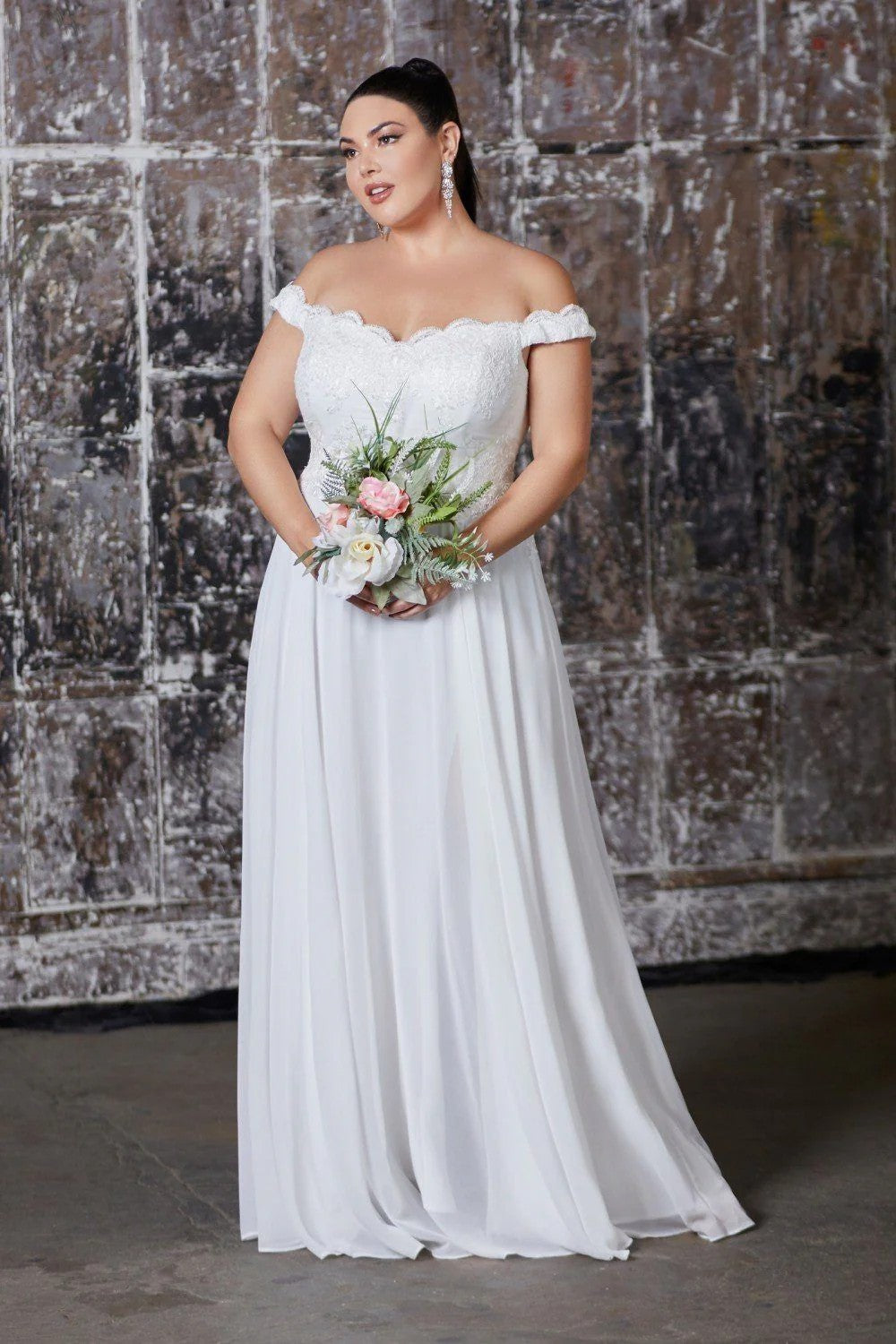 Lumidress Elegant Chiffon White Off Shoulder Lace Bodice A-Line Gown
