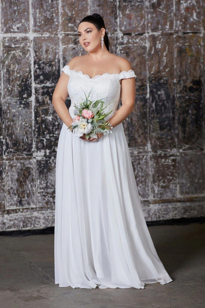 Lumidress Elegant Chiffon White Off Shoulder Lace Bodice A-Line Gown
