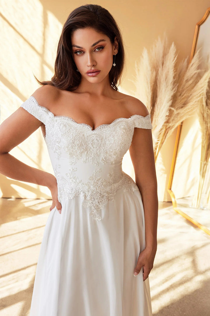 Lumidress Elegant Chiffon White Off Shoulder Lace Bodice A-Line Gown
