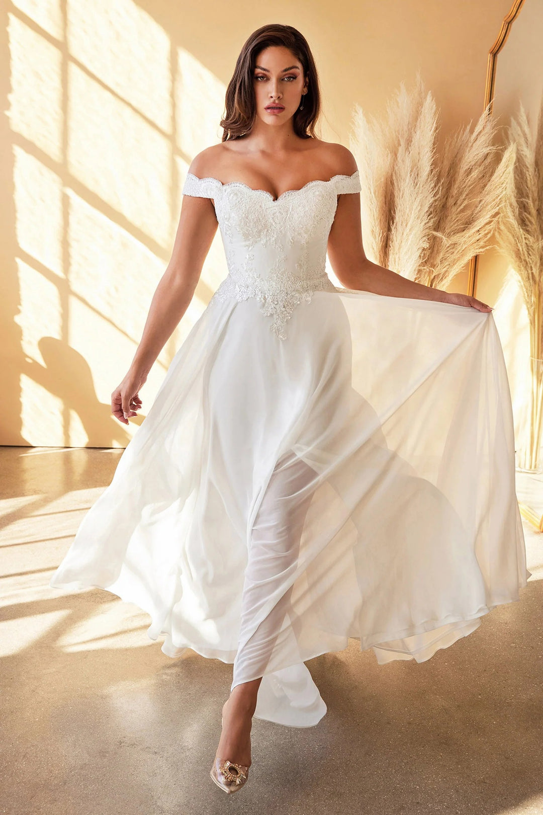 Lumidress Elegant Chiffon White Off Shoulder Lace Bodice A-Line Gown