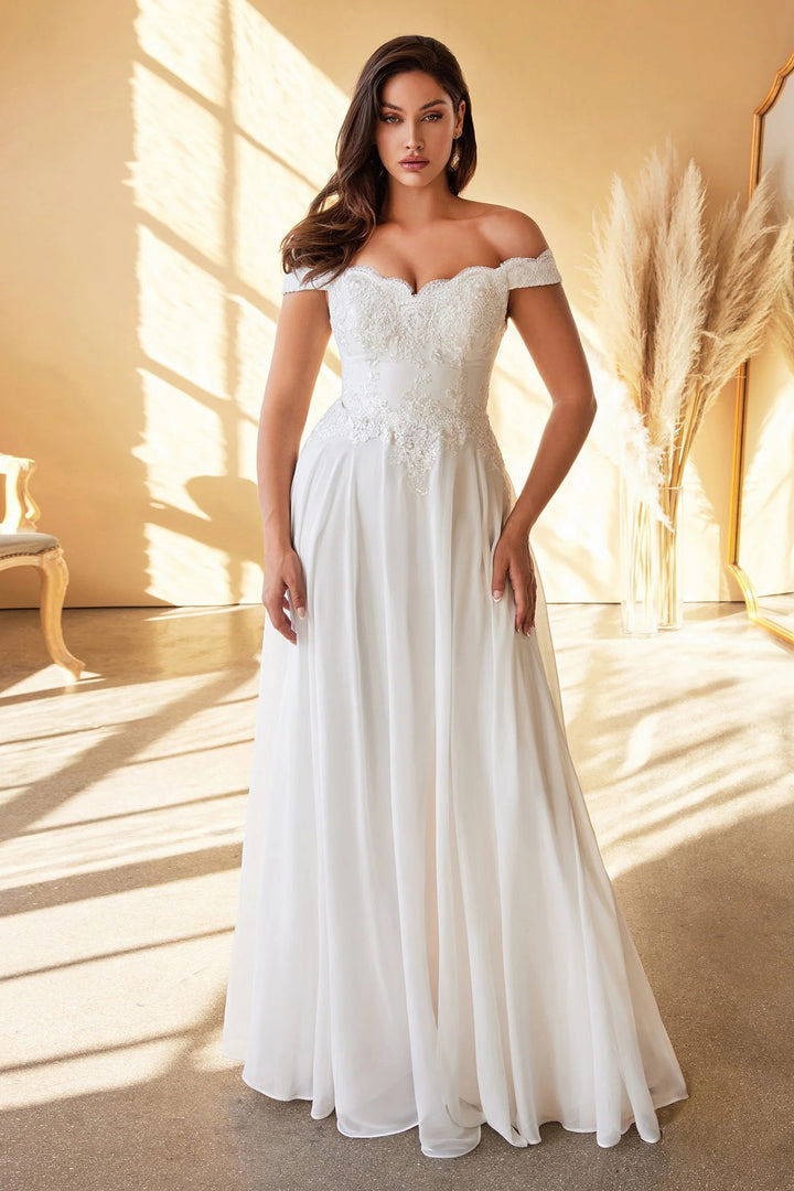 Lumidress Elegant Chiffon White Off Shoulder Lace Bodice A-Line Gown