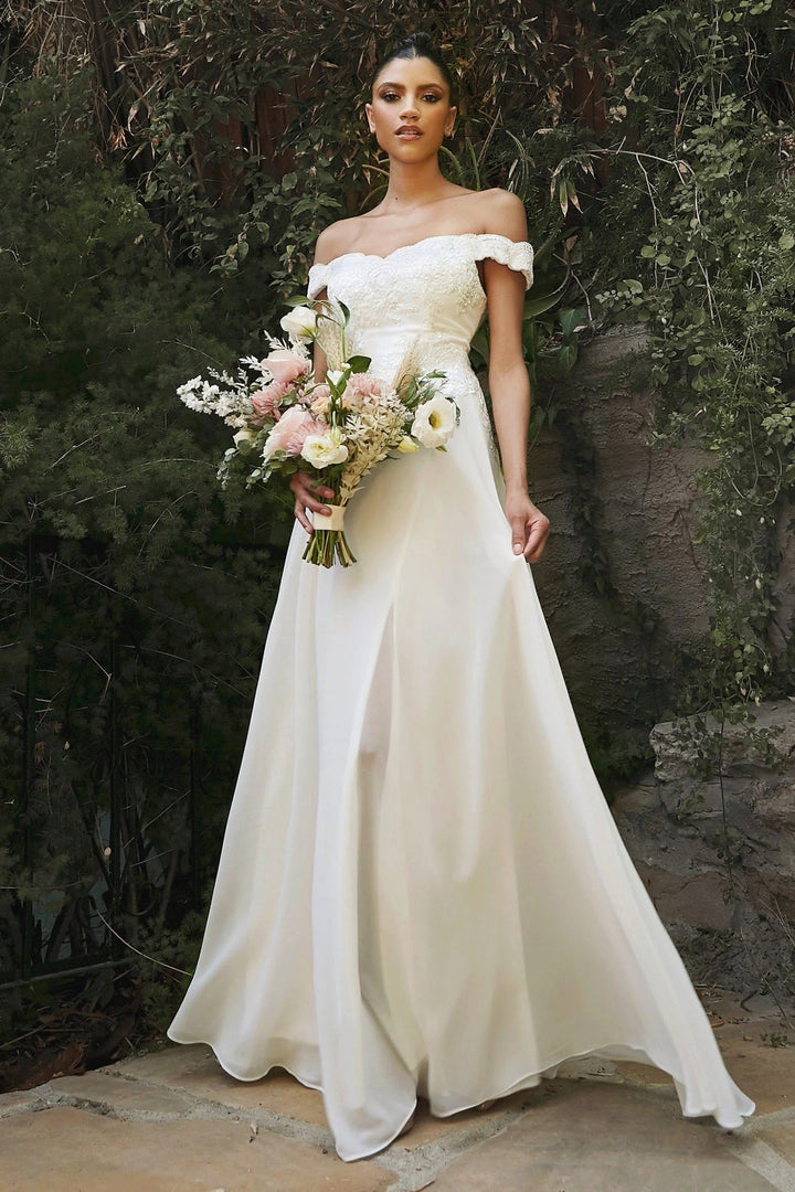 Lumidress Elegant Chiffon White Off Shoulder Lace Bodice A-Line Gown