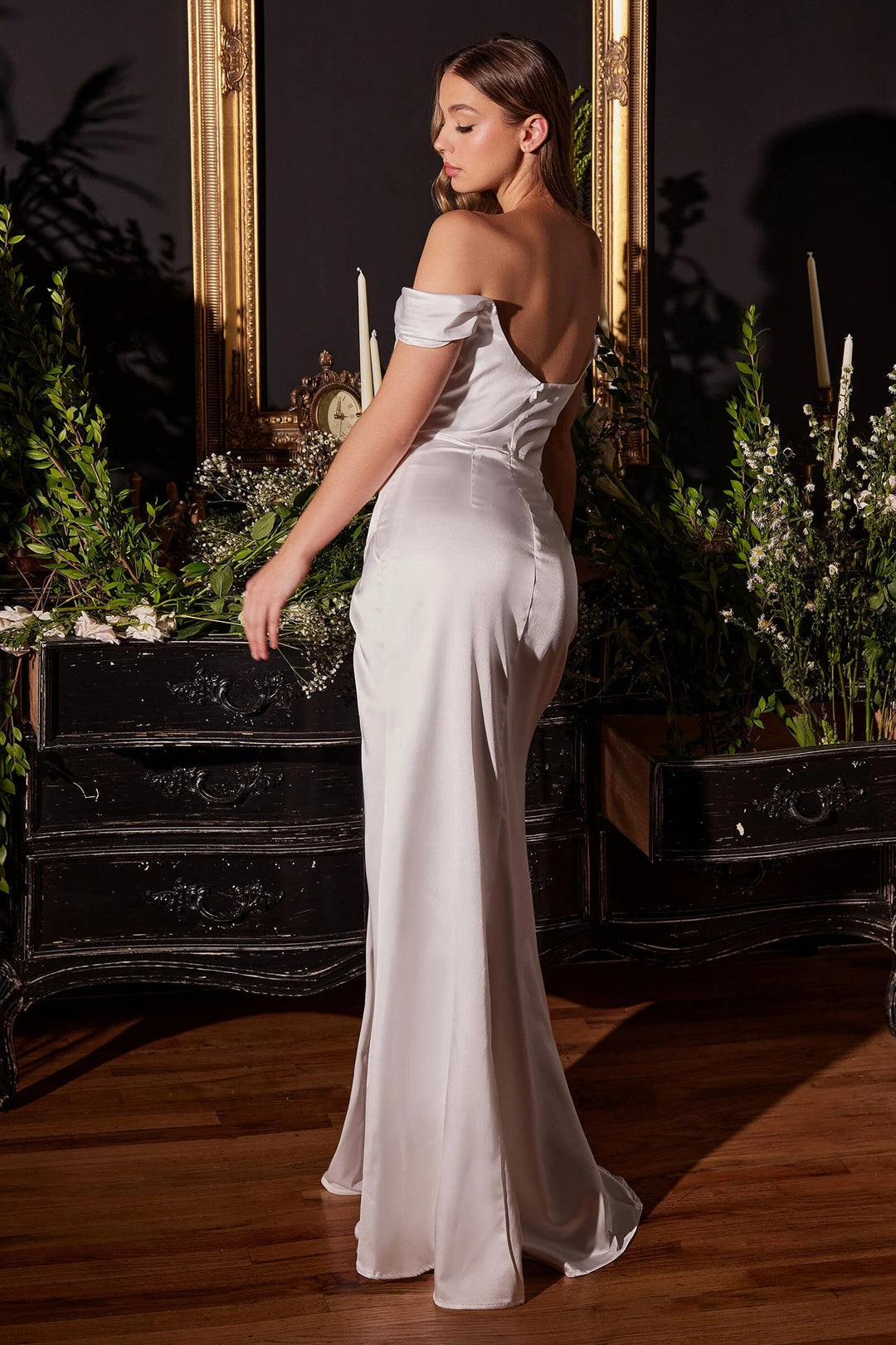Lumidress White Off Shoulder Satin Floor-Length Slit Gown