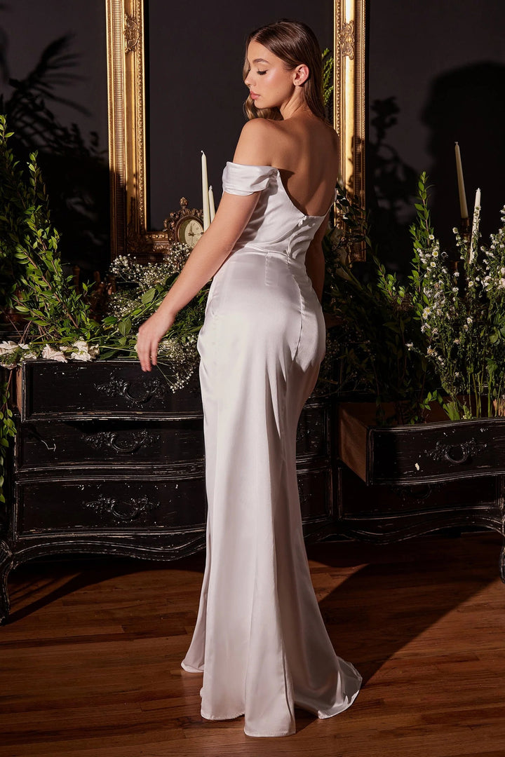 Lumidress White Off Shoulder Satin Floor-Length Slit Gown