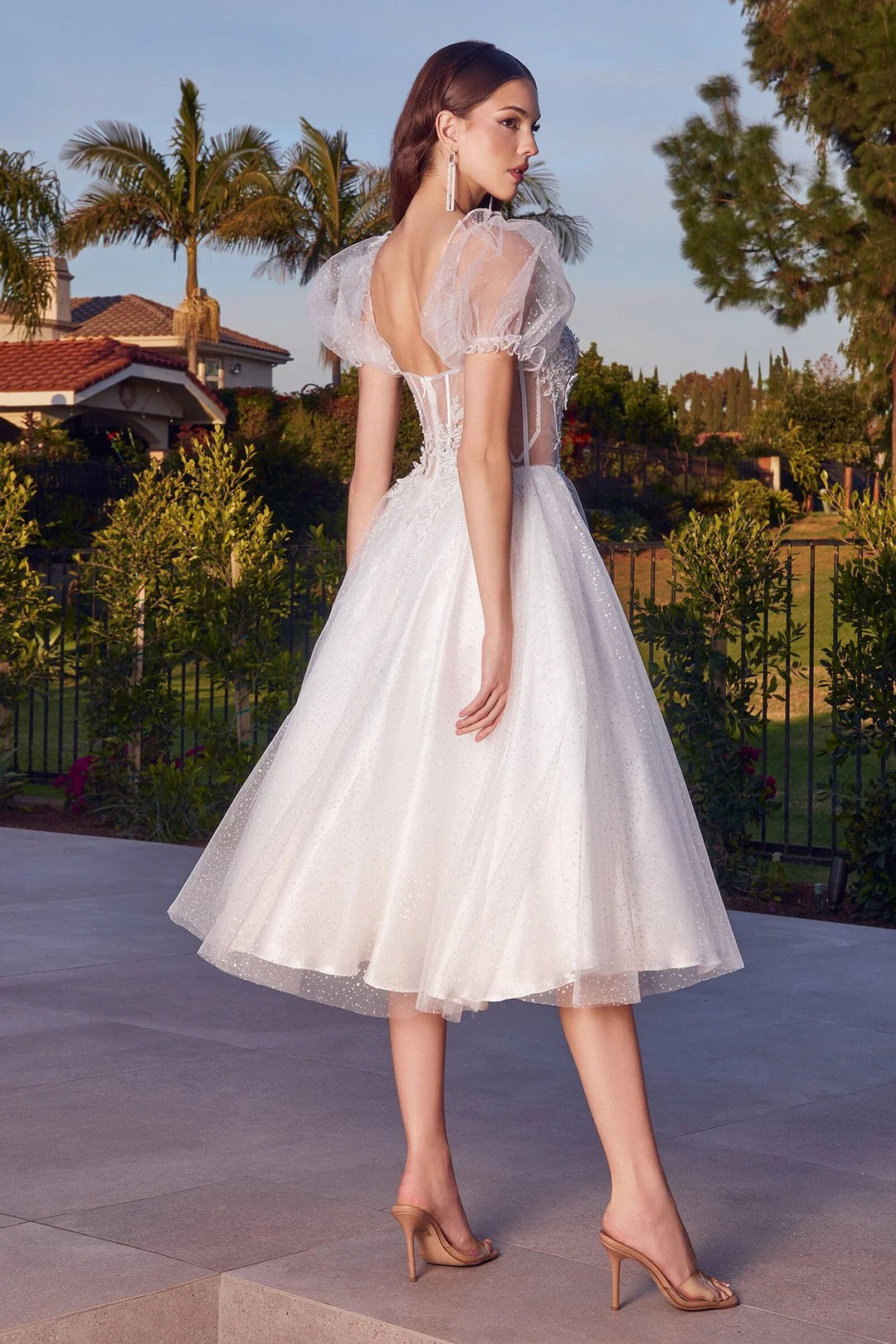 Lumidress White Puff Sleeve Tea-Length Semi-Formal Wedding Dress