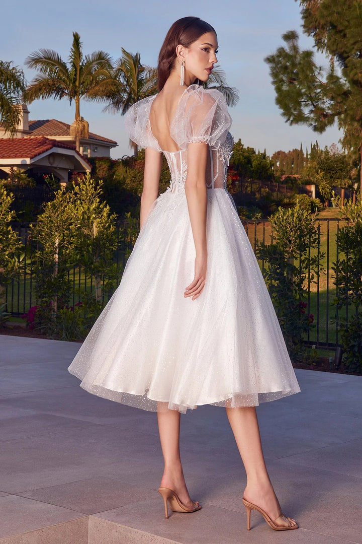 Lumidress White Puff Sleeve Tea-Length Semi-Formal Wedding Dress
