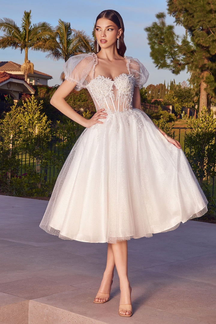 Lumidress White Puff Sleeve Tea-Length Semi-Formal Wedding Dress